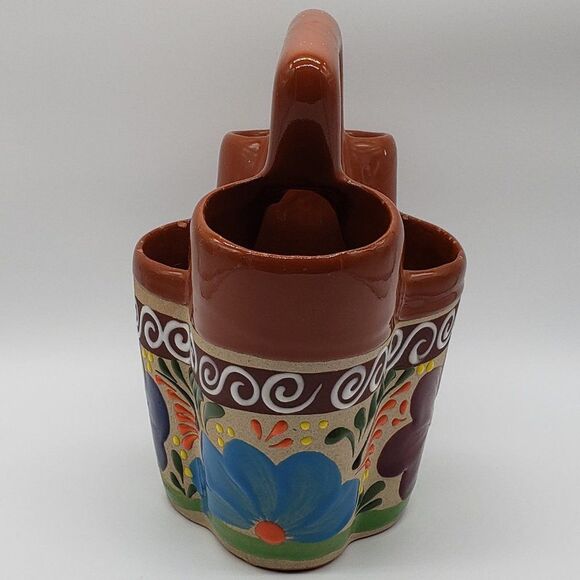 Mexican Talavera Hand Painted  Colourful Floral Art Pottery Utensil Holder - Picture 10 of 13